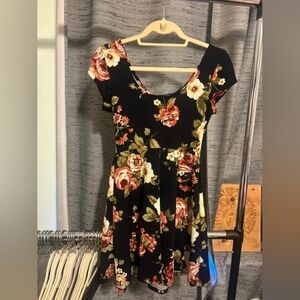 iris Black Floral Skater Dress with Red, Cream, and Green Floral Print